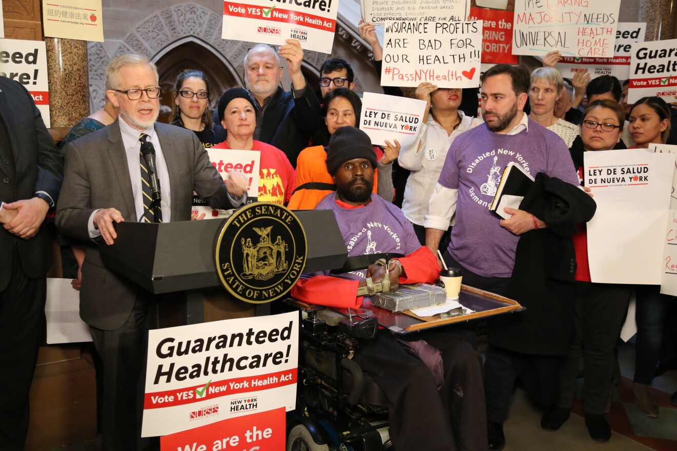 Assemblyman Richard Gottfried, D-Manhattan, the Health Committee chairman and sponsor of the New York Health Act, introduces the new single-payer measure at a rally at the state Capitol on Monday.